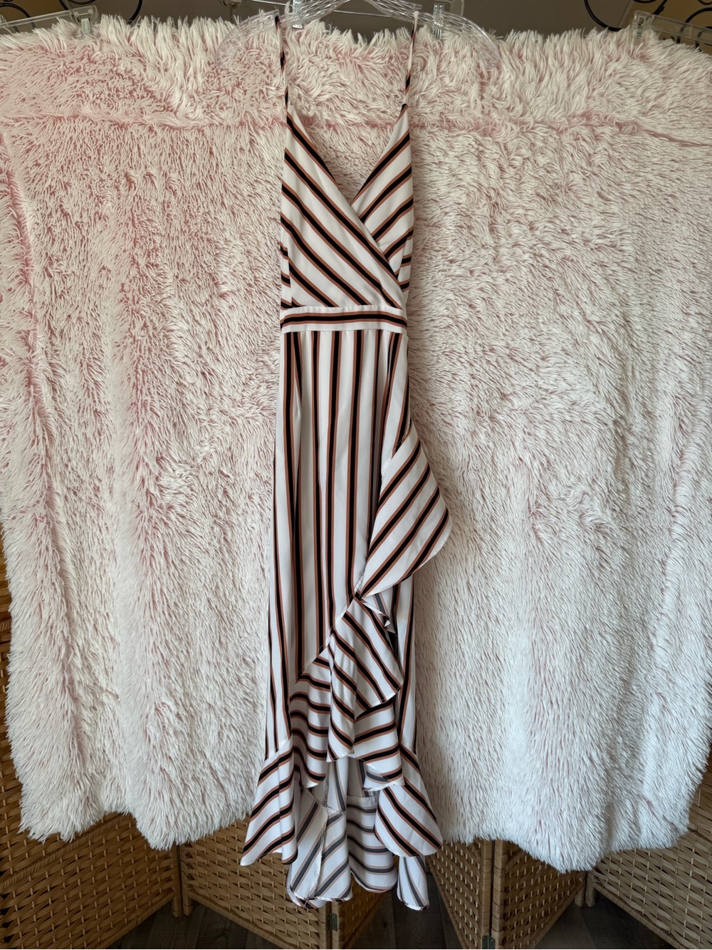 Striped V-Neck Maxi Dress in White and Brown